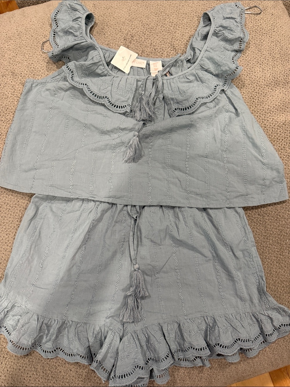 NWT  Shabby Chic pajama 2-Piece Blue Eyelet Cotton Crop Top & Ruffle Shorts